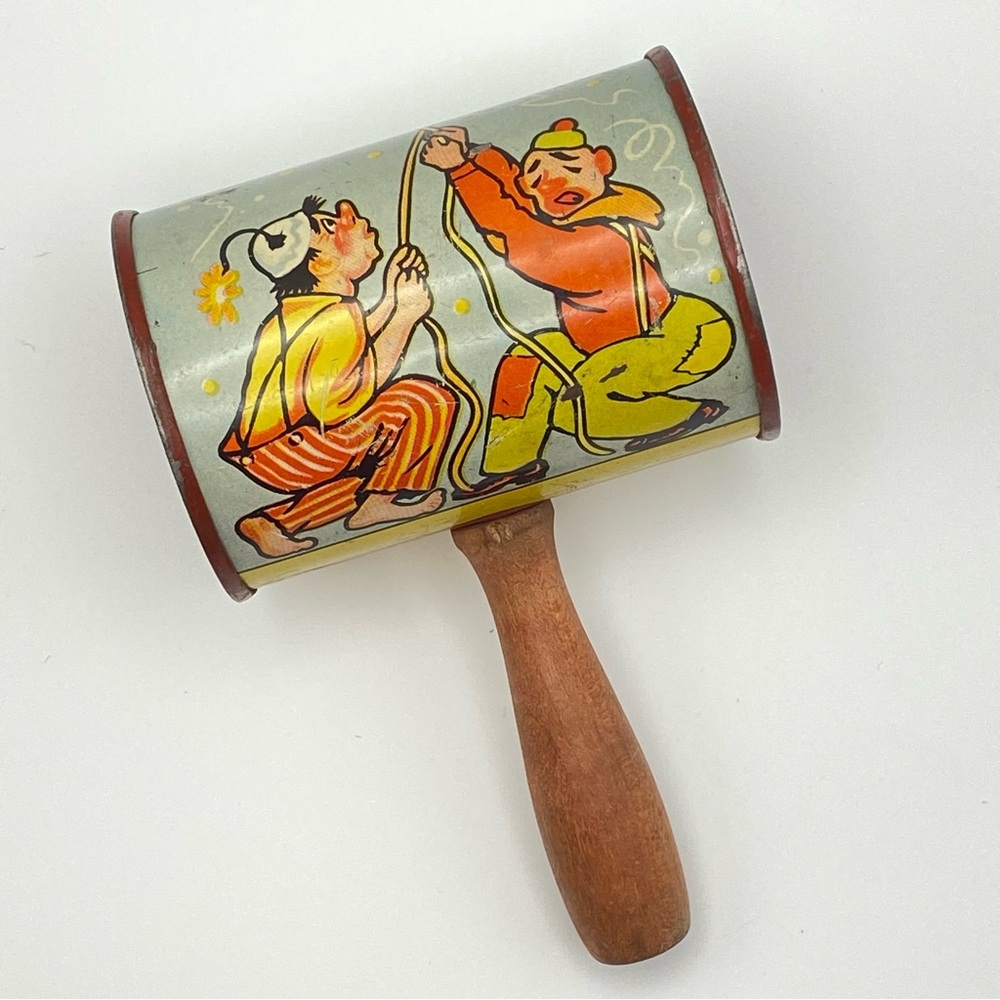 Vintage T. Cohn Tin Litho Handheld Noisemaker Clowns Duck Dog Barrel Shape Retro